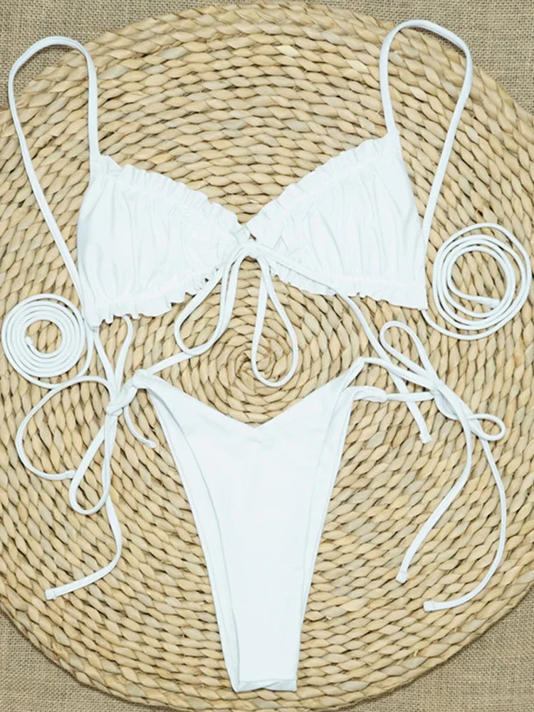 Sexy Printed Ruffled Frilled Thong Bikini Women Swimwear Female Swimsuit Two Pieces Bikini set Micro String Bathing Suit Swim