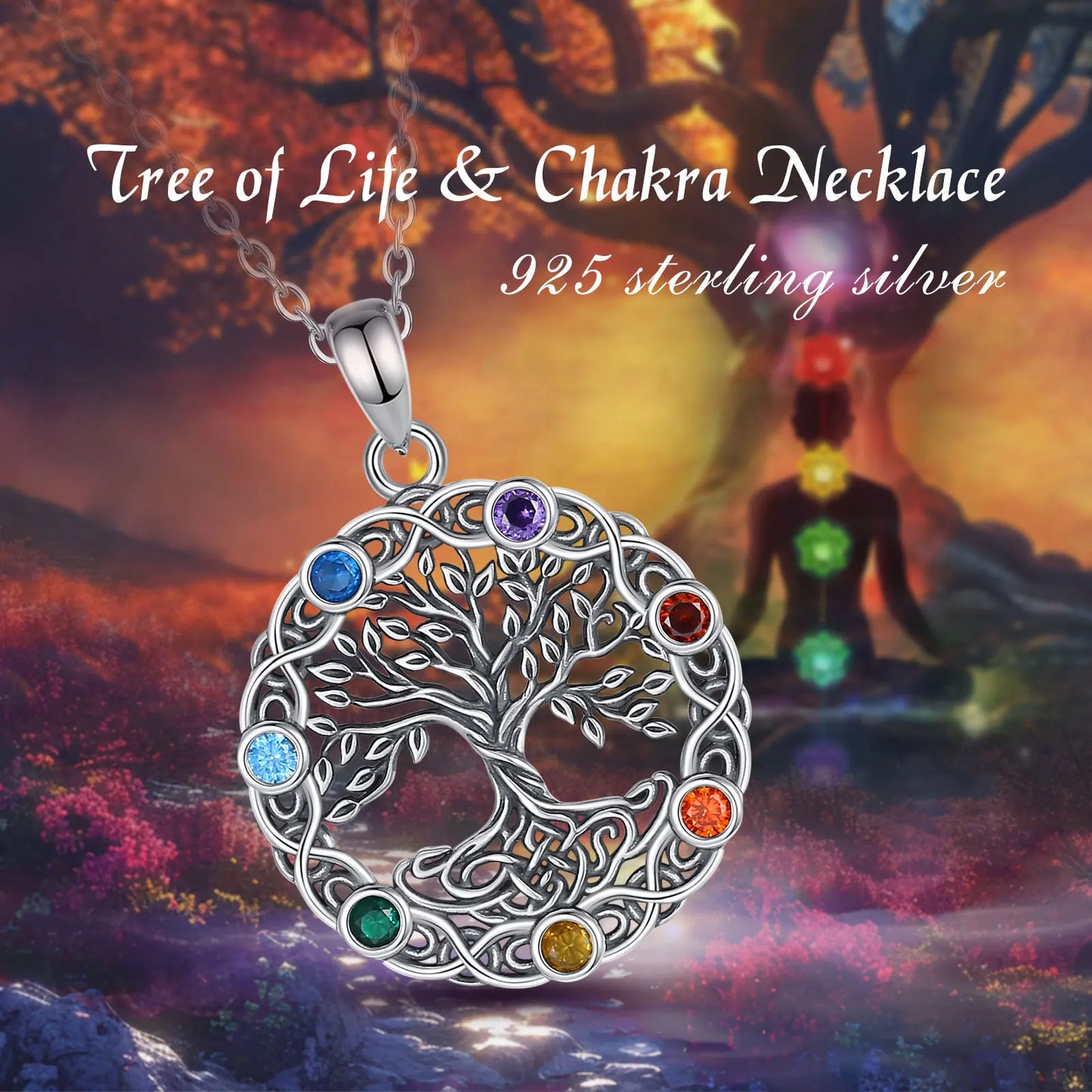 Eudora Original 925 Sterling Silver Tree of Life Necklace for Women Man 7 Color Chakra Pendant Tree Jewelry Mom Grandma Gifts