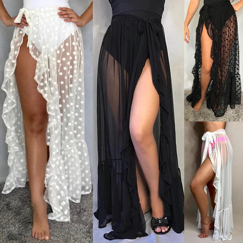 Combhasaki Womens Mesh Sheer Beach Holiday Ruffled Sunscreen Bikini Cover Up Wrap Belted Bow knot tied Long Skirt Summer Holiday