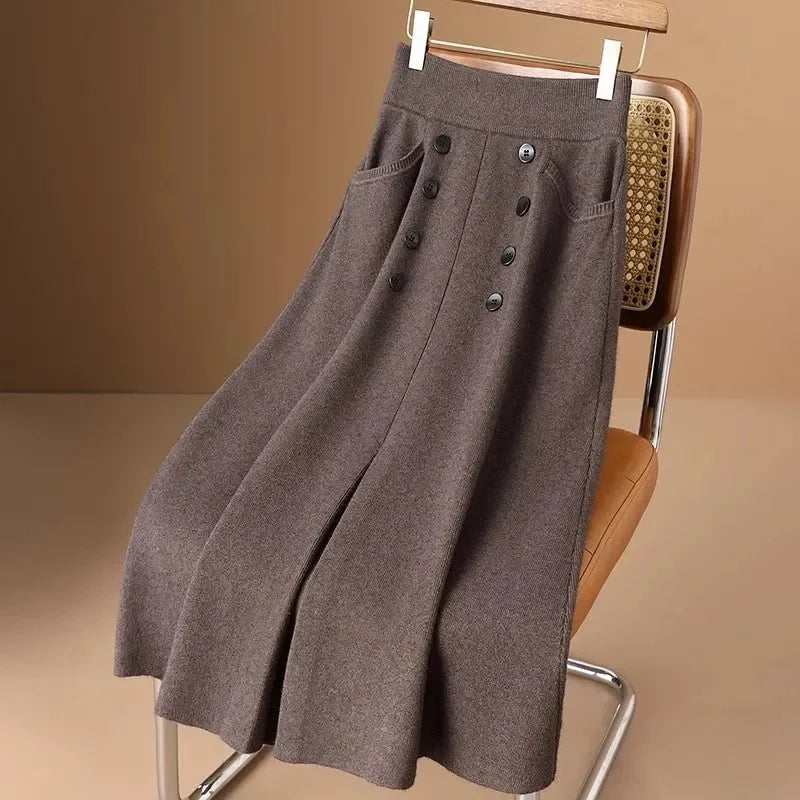 Women Knitted Skirt 2025 Autumn Winter New Loose Oversized Button Elastic Skirts Female Knitt Skirt Warm Women's Clothing
