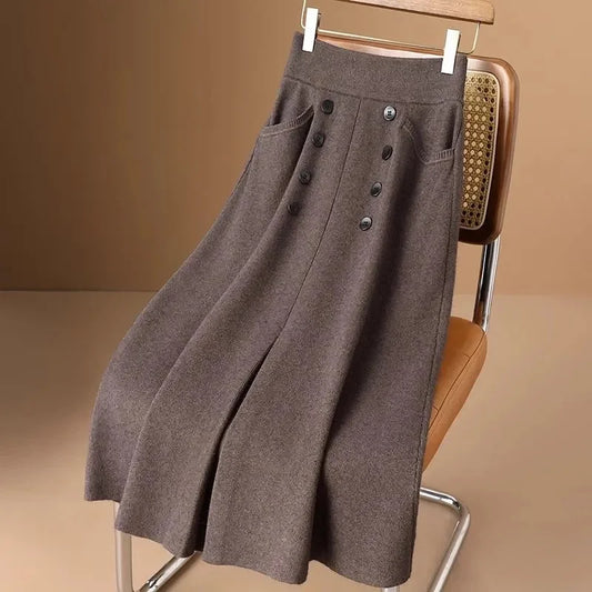 Women Knitted Skirt 2025 Autumn Winter New Loose Oversized Button Elastic Skirts Female Knitt Skirt Warm Women's Clothing