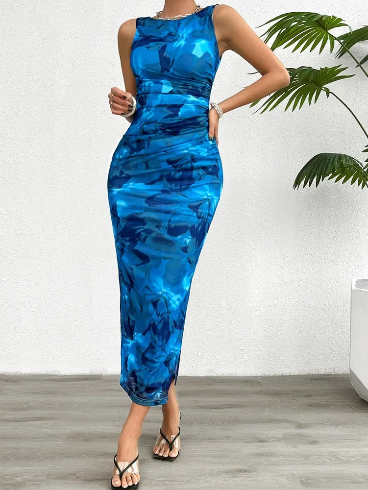 Women's 2024 Spring Summer New Fashionable Printed Round Neck Style Slimming Sleeveless Tight Dress With Split Bottom