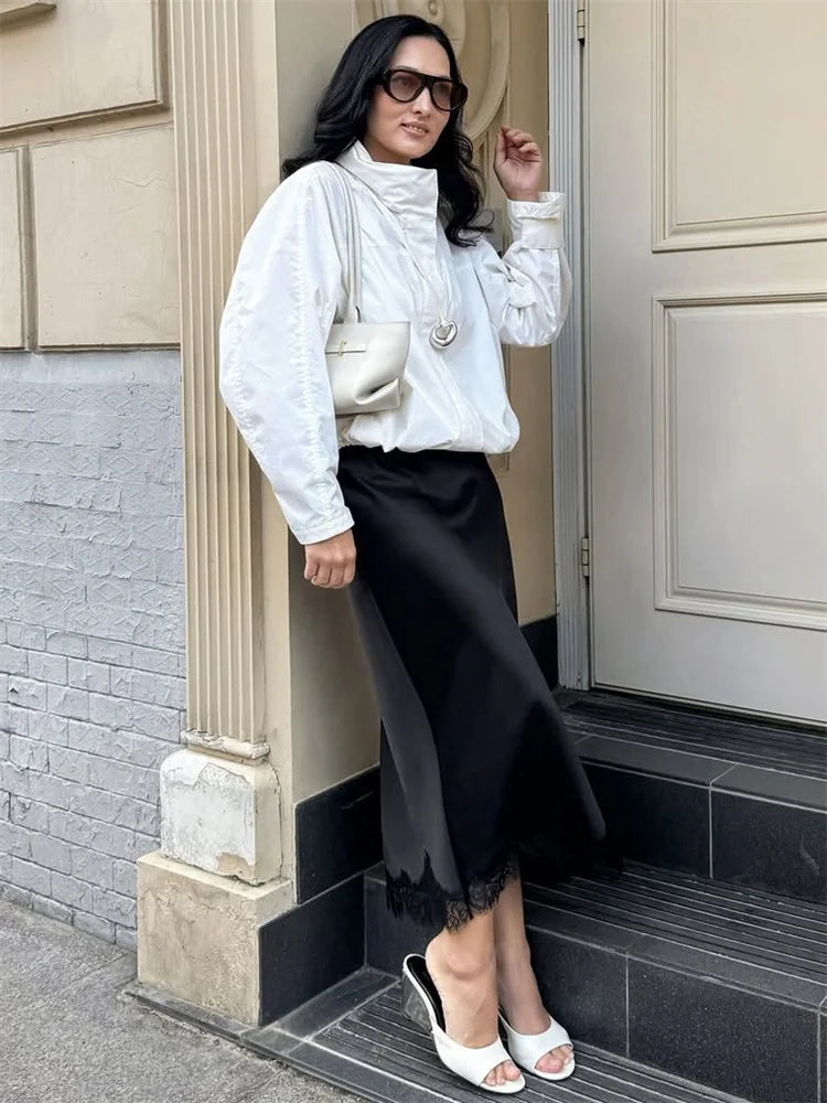 Tossy Fashion Autumn Lace Maxi Skirt For Women High Waist Slim Satin Elegant Commute Party Looks Female Printed Lace Long Skirt