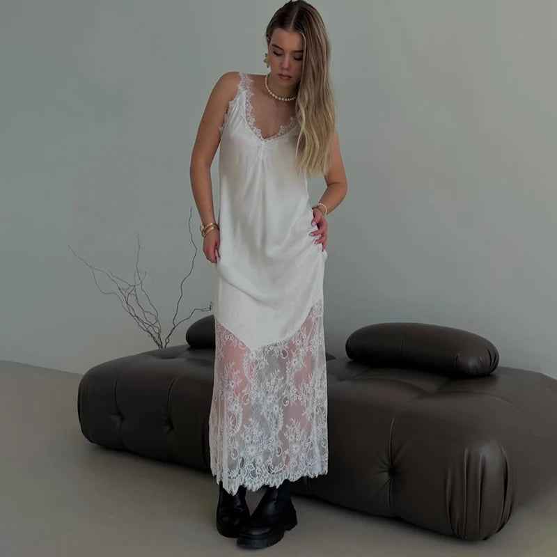 Tornova Sexy Spaghetti Strap Lace Dress For Women Fashion Splice Elegant Backless Long Dress Slim Vacation Party Female Clothes