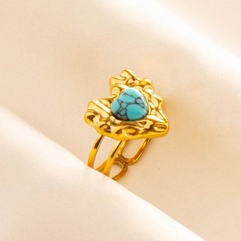 Classic Retro Turquoise Finger Jewelry Stainless Steel Rings For Women Men Accessories Open Adjustable 18k Real Gold Plated Ring