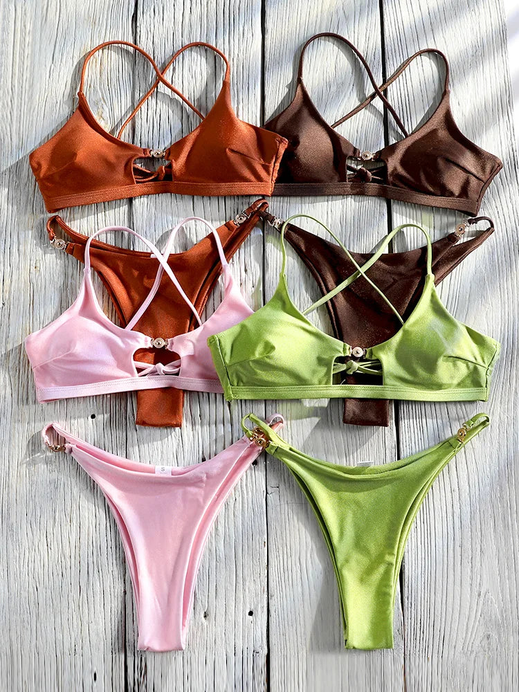 Miyouj Bandage Swimwear Summer Swimsuit High Cut Bikini Set Solid Sexy 2-Piece Suit New Bathsuit Hollow Out Thongs Beachwear