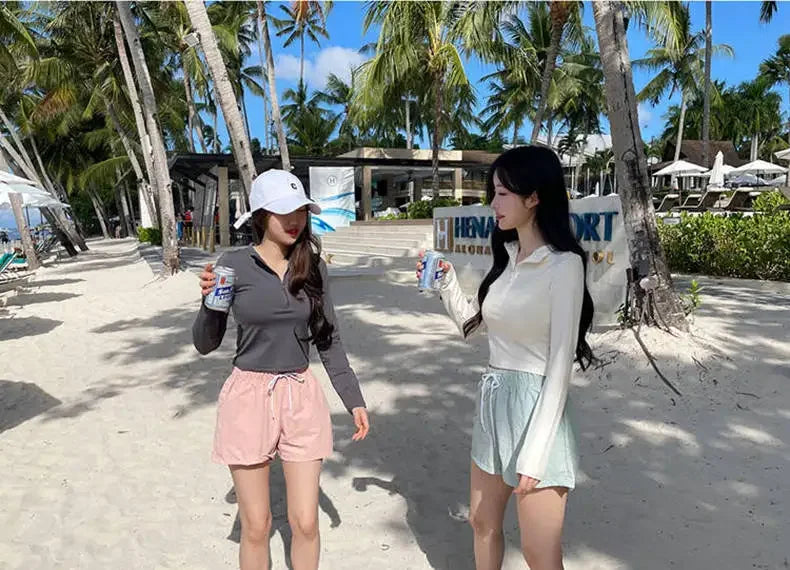 Fashionable Korean Dongdaemun Long Sleeve Women's Swimsuit Casual Beach Vacation Two Piece Conservative Student Bikini Set