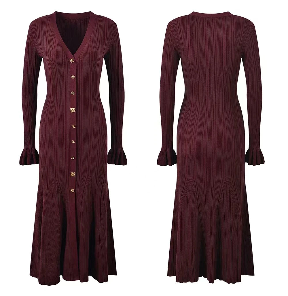 Elegant Evening Dress Women V Neck Long Sleeve Patchwork Button Pleated Sweater Dresses 2024 Autumn Winter Knit Maxi Dress