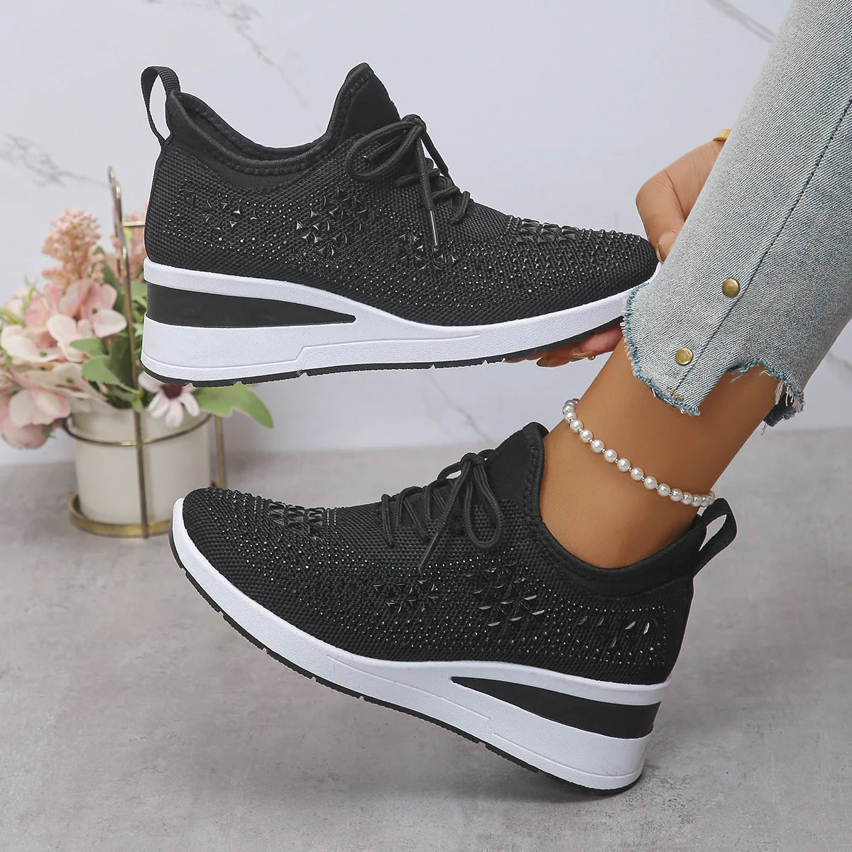 Women's Shiny Rhinestone Wedge Sneakers Breathable Knit Non Slip Walking Shoes Woman Plus Size Fashion Thick Sole White Sneakers