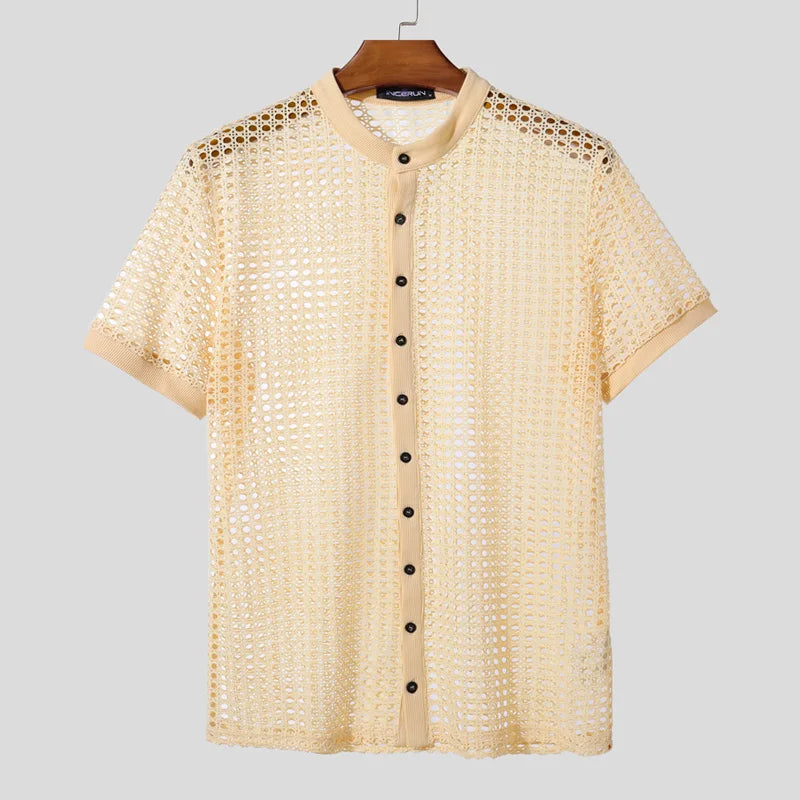 INCERUN Men Shirt Mesh See Through Hollow Out O-neck Short Sleeve Men Clothing Streetwear Summer 2025 Loose Fashion Male Tops