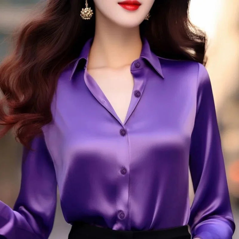 Elegant Women's Long Sleeve Shirt 2024 Spring New Style Business Casual Silky Smooth Top Versatile With Button