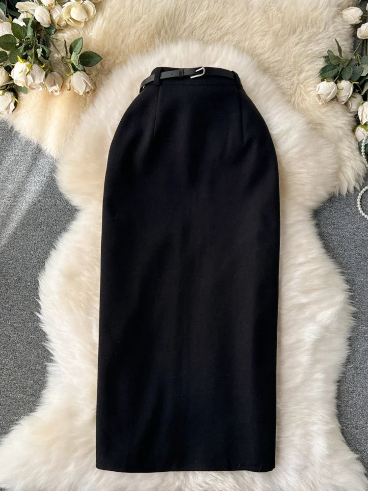 Woolen Midi Skirt Women Autumdn Winter High Waisted Elegant Pencil Skirt Female Slim Split Work Skirts