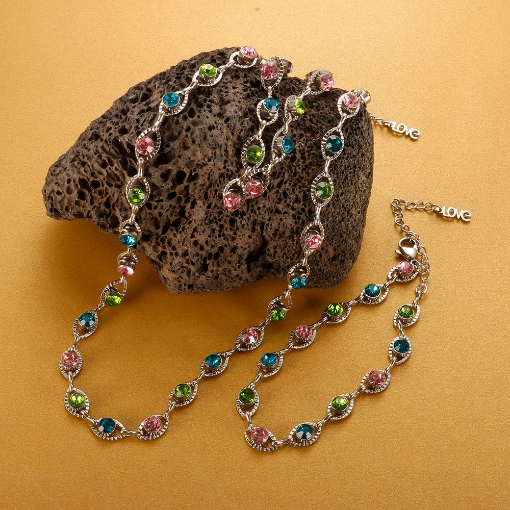 Bejeweled Bracelet Necklace 12 Birthstones Colorful Crystal Jewelry Set Stainless Steel for Women Luxury Fashion T S Bracelets