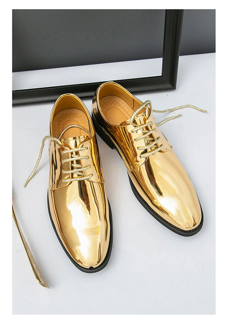 Large Size 38-50 Pointed Leather Shoes Man Business Performance Men's Dress Shoes Luxury Golden Bright Shoes Man Wedding Shoes