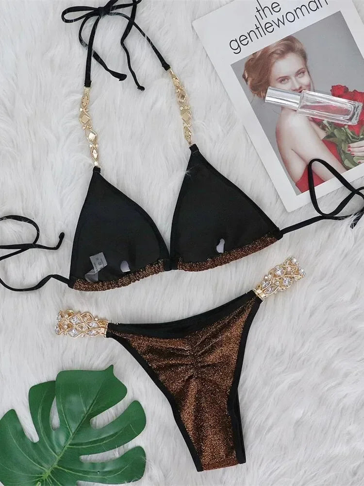 Sexy Bikinis Swimsuits Woman 2025 Luxury Rhinestones Push Up Diamond Thong Swimwear Shiny Gold Beach Bathing Suit Bikini Set