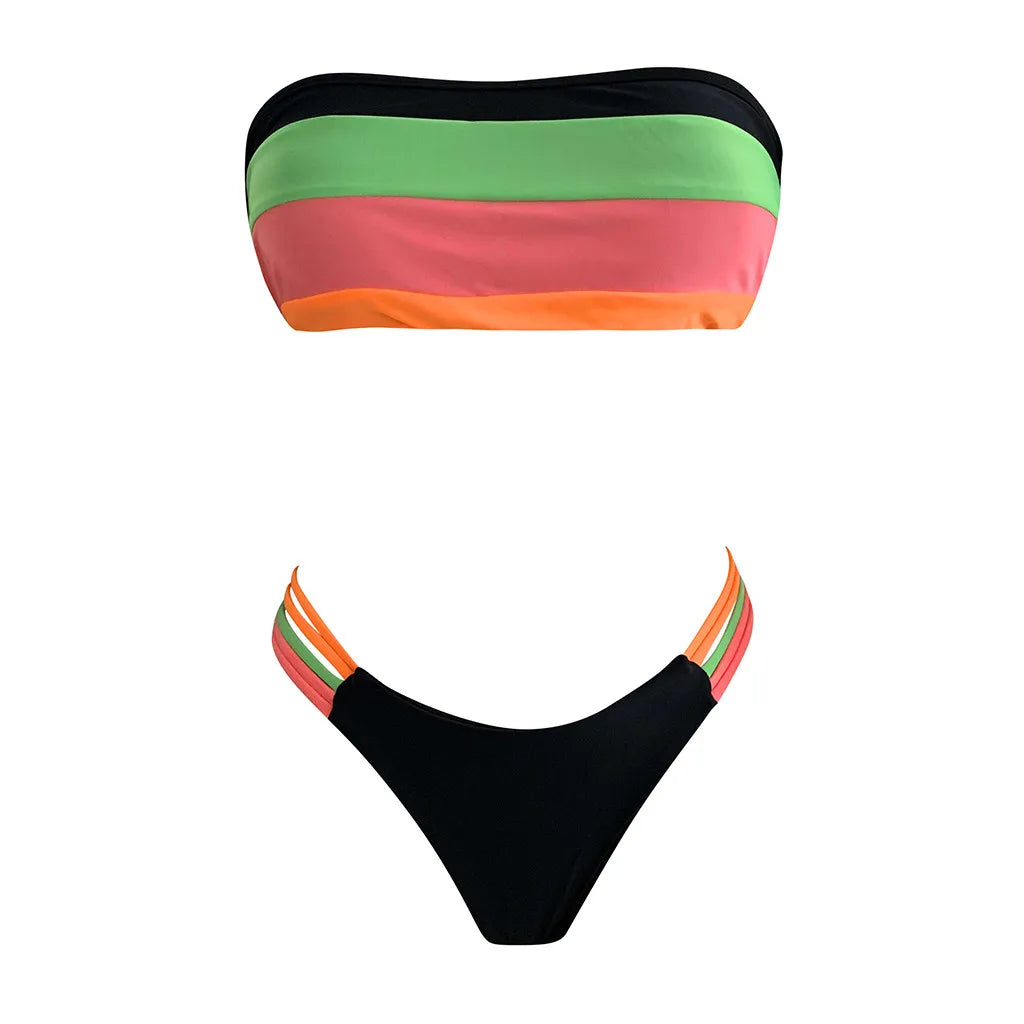 Bathing Suit Women Push-Up Swimwear New Colored Stripes Padded Strapless Bikini Set Summer Swimwears Tankinis Set Bikini Bottoms
