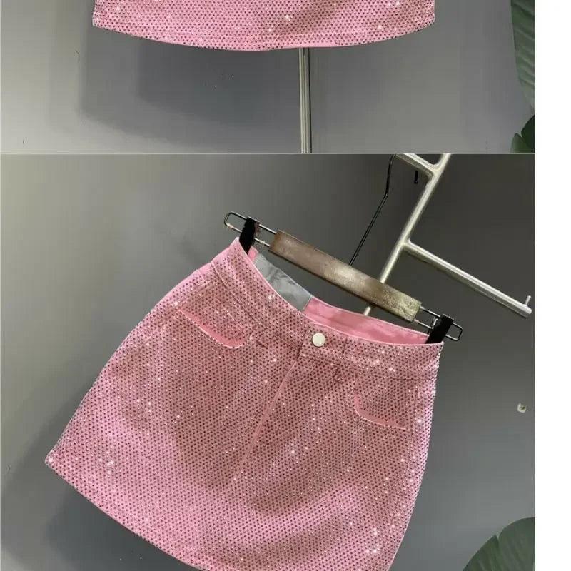 Heavy Industry Hot Drilling High-End Denim Skirt 2024 Spring And Summer New High Waist Pink Sexy