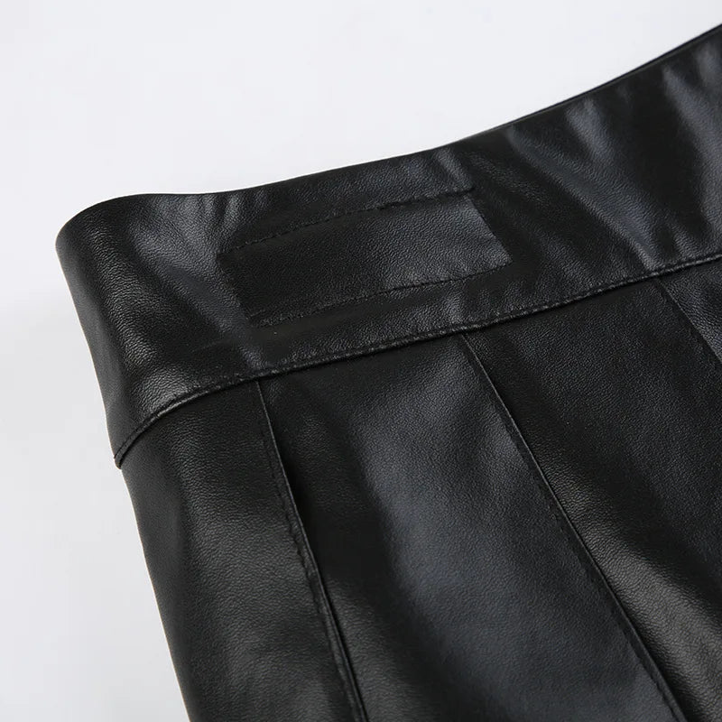 2025 New PU Leather Hollow Hoop High-waisted Velcro Slim A-line Pleated Skirt Short Dress for Women