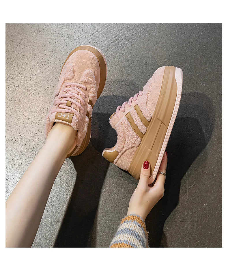 6CM Pink Natural Genuine Leather Fashion Breathable Casual Women's Shoes Platform Warm Plush Winter Autumn Comfy Ankle Booties