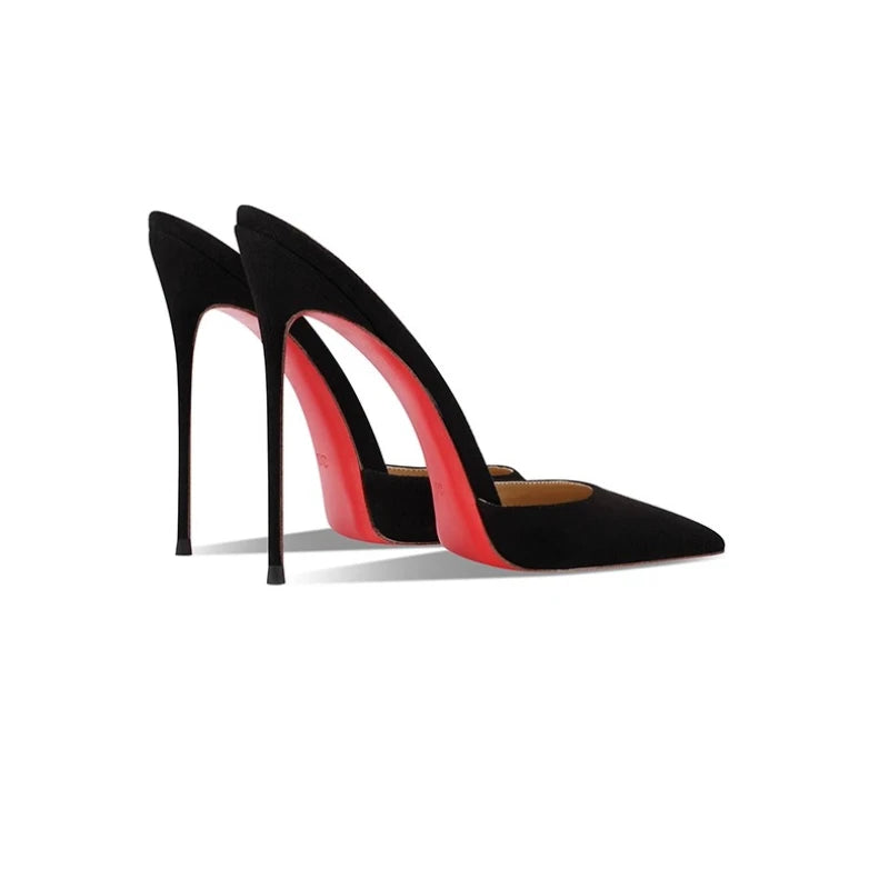 2025 new black suede high-heeled slippers with a warm and sexy temperament, pointed red bottom and slim heels for women