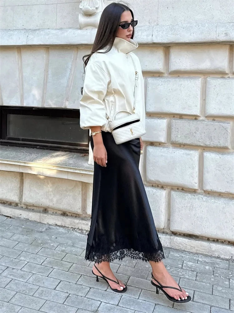 Tossy Fashion Autumn Lace Maxi Skirt For Women High Waist Slim Satin Elegant Commute Party Looks Female Printed Lace Long Skirt