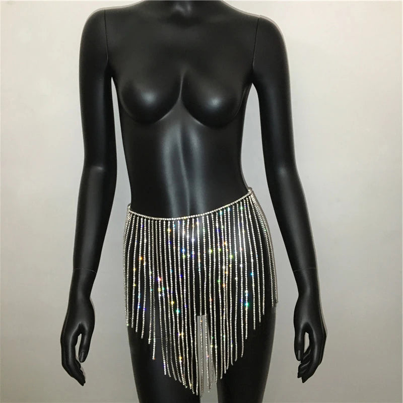 Sparkly Crystal Rhinestone Tassel  Mini Skirt Women Fashion See Through Hollow Out Metal Chain Nightclub Party Beach Outfits