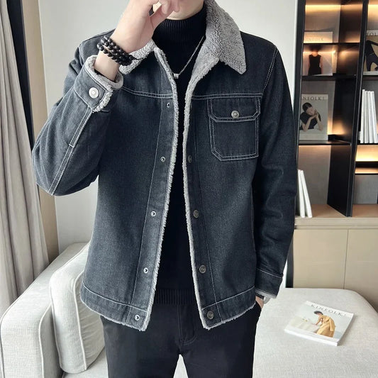 Men Denim Jacket Men Fleece Trendy Winter Velvet Coats 2025 Men Korean Slims Casual Thick Jacket Male Lamb Fur Casual Outerwear