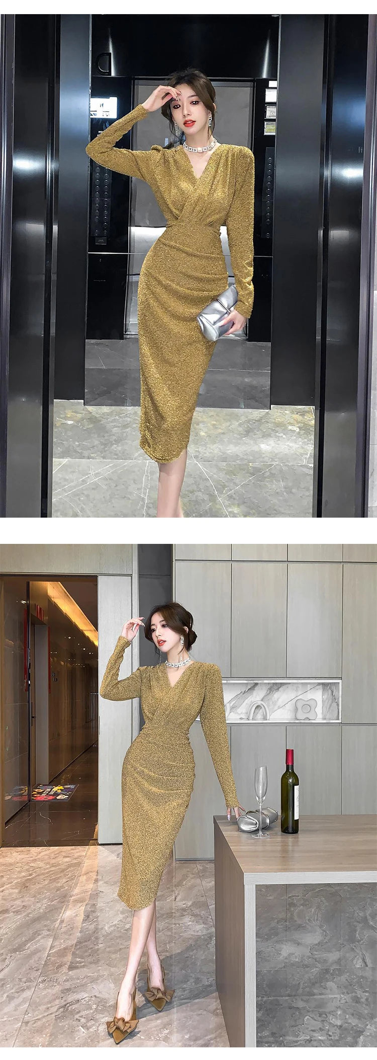 Women Clothes Casual Glitter Shiny Gold V-Neck Folds Slim Asymmetrical Dress Elegant Evening Party Birthday Vestidos Spring New