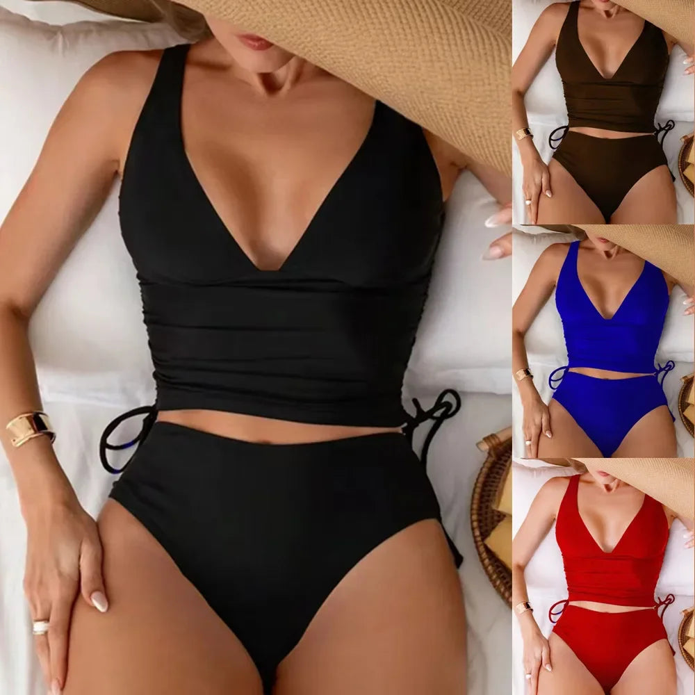 Fashionable Pure Color Nylon Fabric Bikini Set Sexy Two-Piece Swimsuit Drawstring Design Separate Top And Bottom for Women