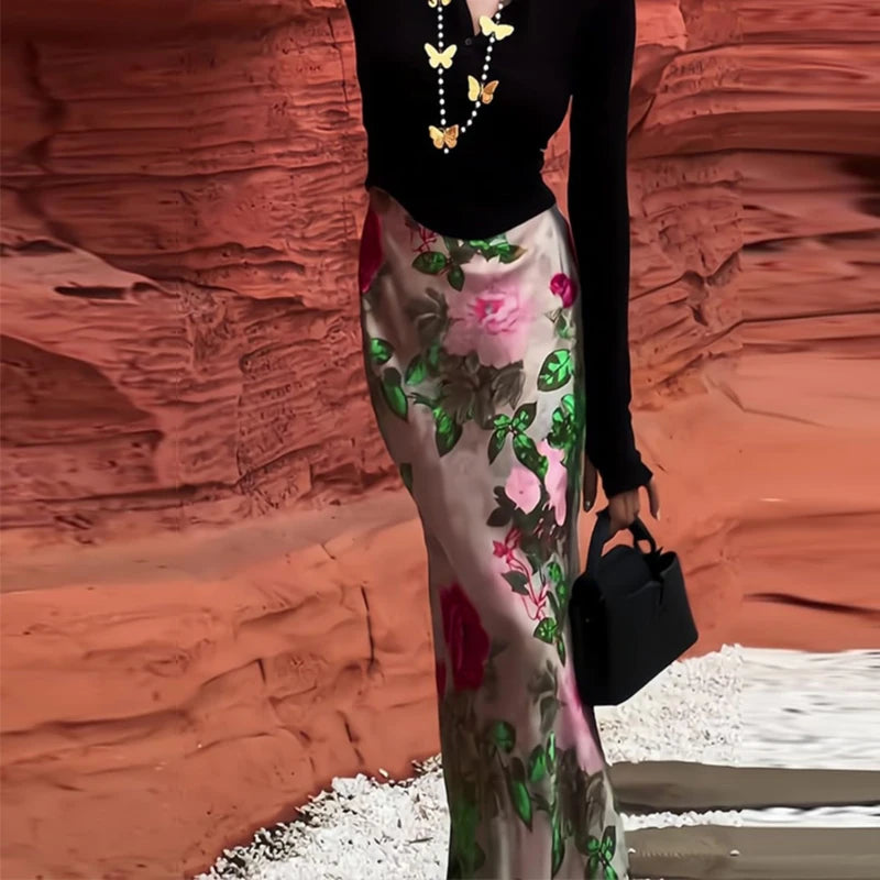 Women Clothing Stylish Vintage Satin Floral Print Luxury Chic Long Skirts Female Elegant High Waist Slim Party Maxi Skirt Faldas