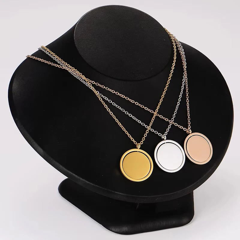 Auxauxme Custom Photo Rotatable Round Necklace for Women Men Stainless Steel Laser Engrave Name Logo Charm Pendant Jewelry Gift