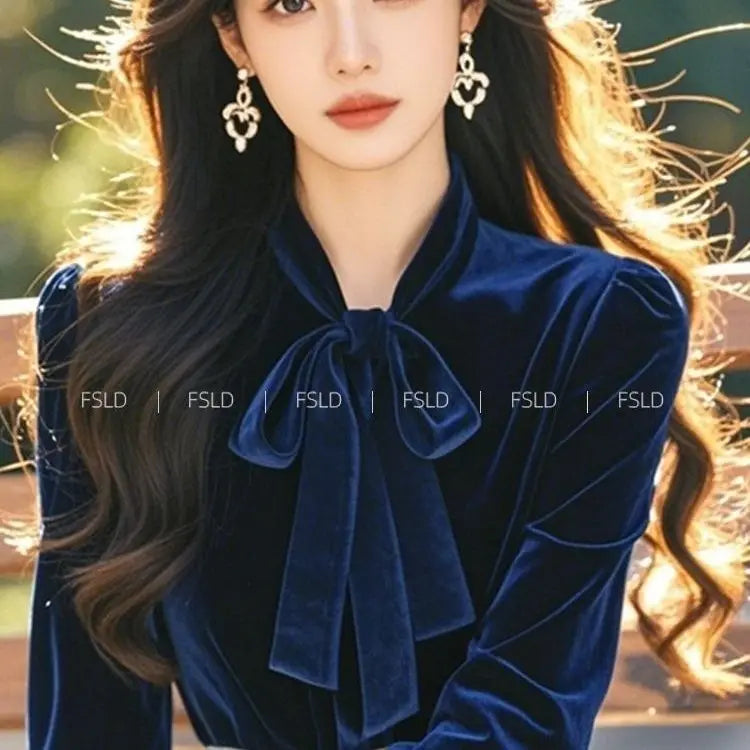 Vintage Blue Velvet Shirt Tops Spring Autumn Long Sleeve Bow Lacing All-match Temperament Blouse Office Elegant Women Clothing