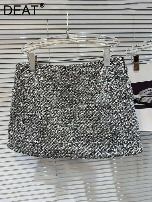 DEAT Trendy New Collection Women's Sequins Tweed Skirts 2025 Spring Fashion Zipper High Waist Wrap Hip Skirt Female 11XX7555