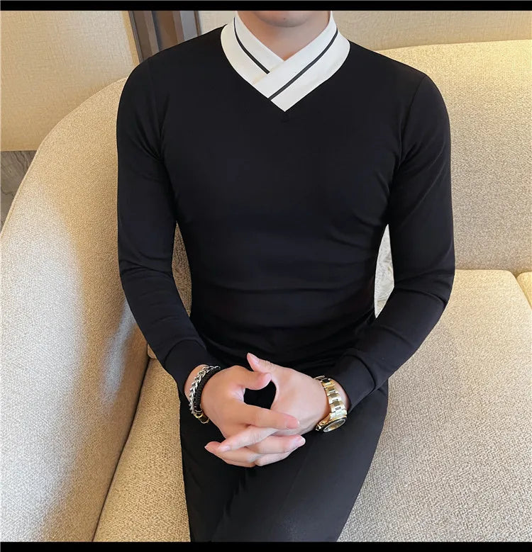 Autumn Winter Men's Mock Neck Long Sleeved T-shirt Slim Fit Elastic Solid Color Base Shirt Versatile Casual Business T-shirts