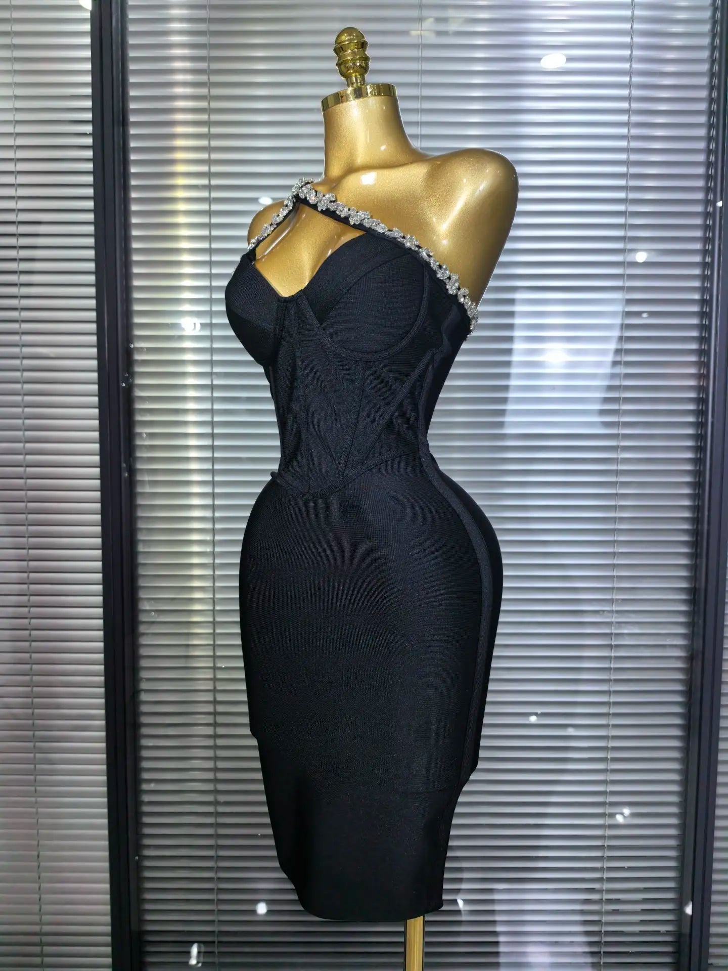 Black Color Women Sexy One Shoulder Shinning Crystal Bodycon Mini Bandage Dress Celebrate Nightclub Party Birthday Outfit