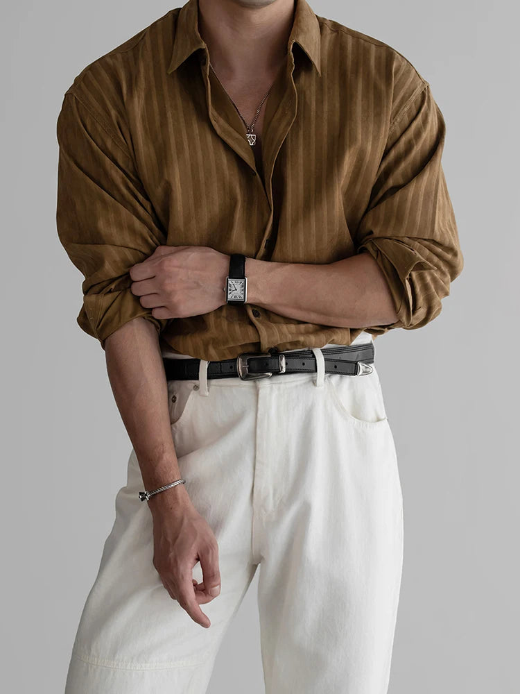 Vintage Striped Textured Shirts Men's Spring Autumn Outdoor Casual Button-up Shirt Long Sleeve Mens Fashionable Lapel Cardigans