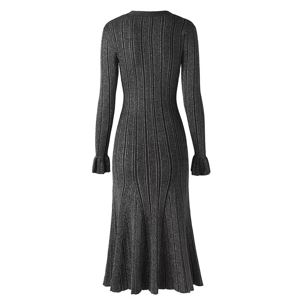 Elegant Evening Dress Women V Neck Long Sleeve Patchwork Button Pleated Sweater Dresses 2024 Autumn Winter Knit Maxi Dress