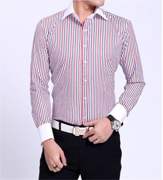 Quality Men Casual Slim Fit Shirt Mens Long Sleeve Business Dress Shirts French Cufflinks Shirt Male Striped Shirt