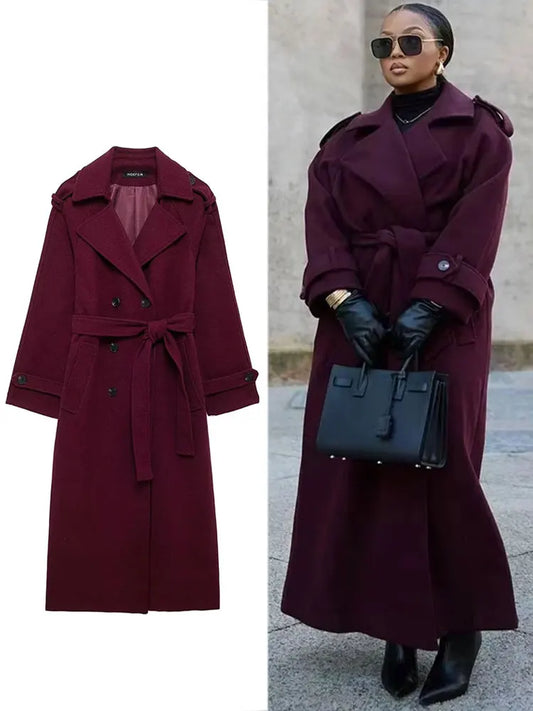 HH Women Elegant Wine Red Coat With Belt Lapel Full Sleeve Double Breasted Lady Overcoat Autumn Winter Female Outwear