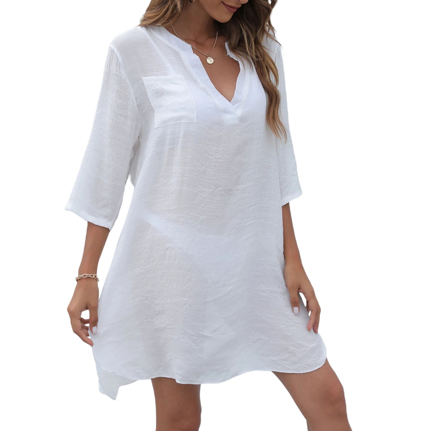 Women Bathing Suit Bikini Cover Up Swimsuit Dress Swimming Smock T Shirt Summer V Neck Beach Dress Swimwear Sarong Dress