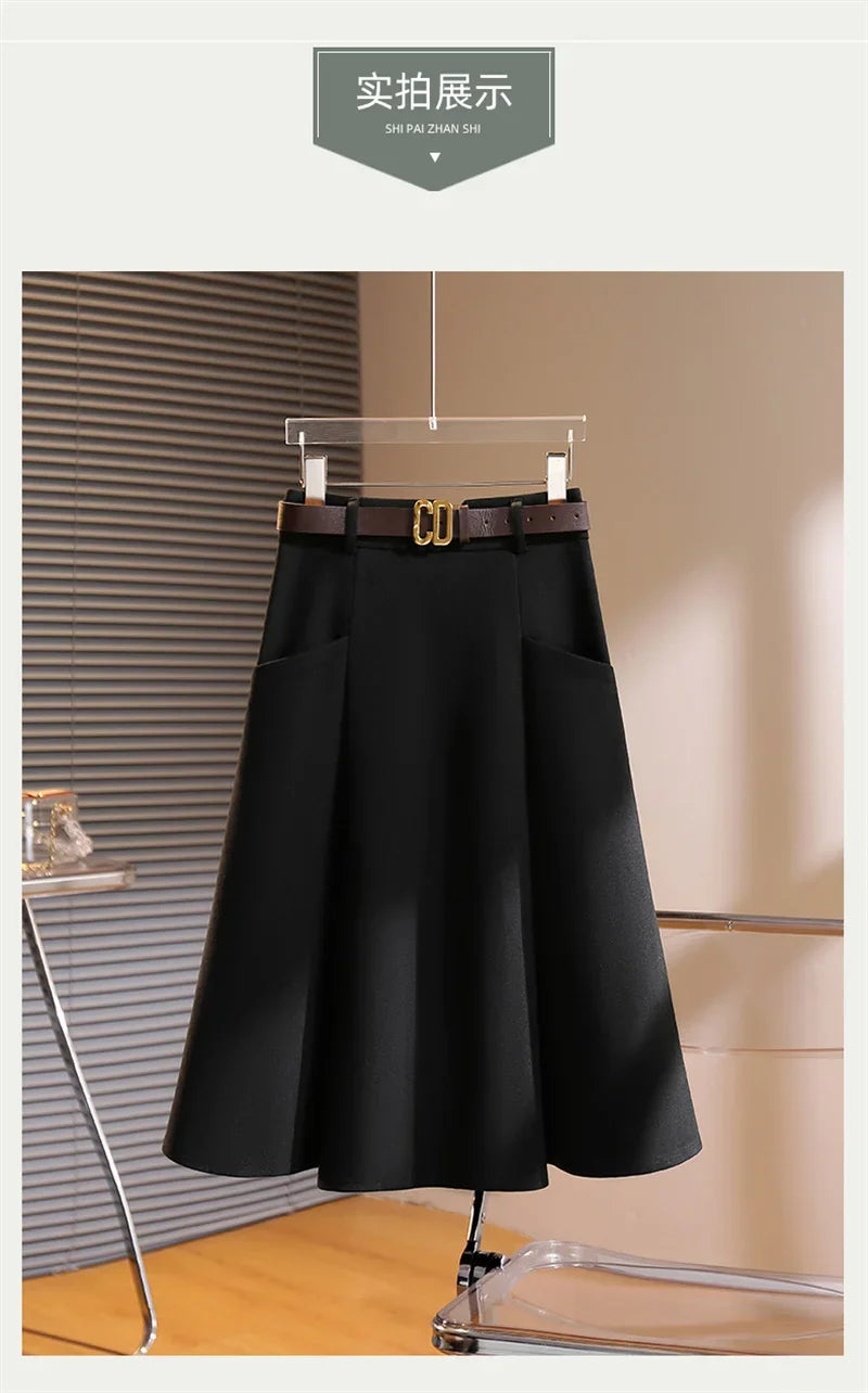 New Spring Autumn Fashion Skirt Women Elegant High Waist Solid Color A-line Casual Midi Skirts Office Lady Women's Clothing