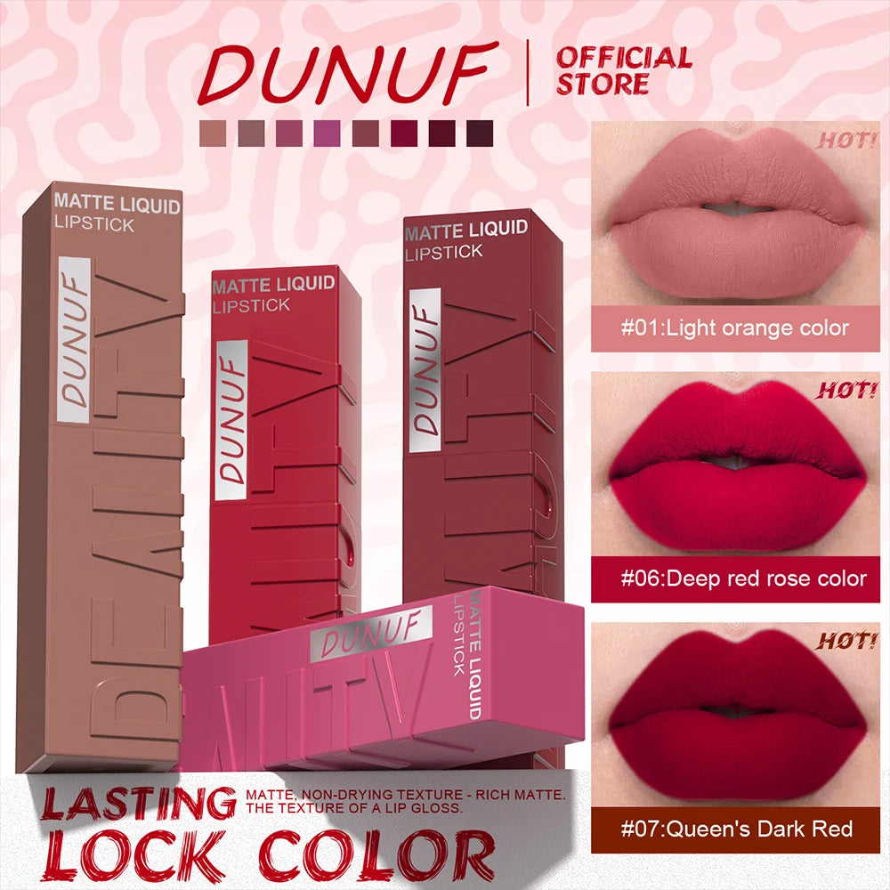 DUNUF  8-color matte velvet smooth easy-to-apply square tube lip gloss waterproof three-dimensional plumping lipstick