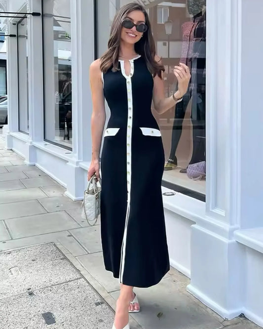 Elegant Knitted Midi Dresses Women's Black White Patchwork Slit Single Breasted Sleeveless Curvy Dress 2025 Summer Street Wear