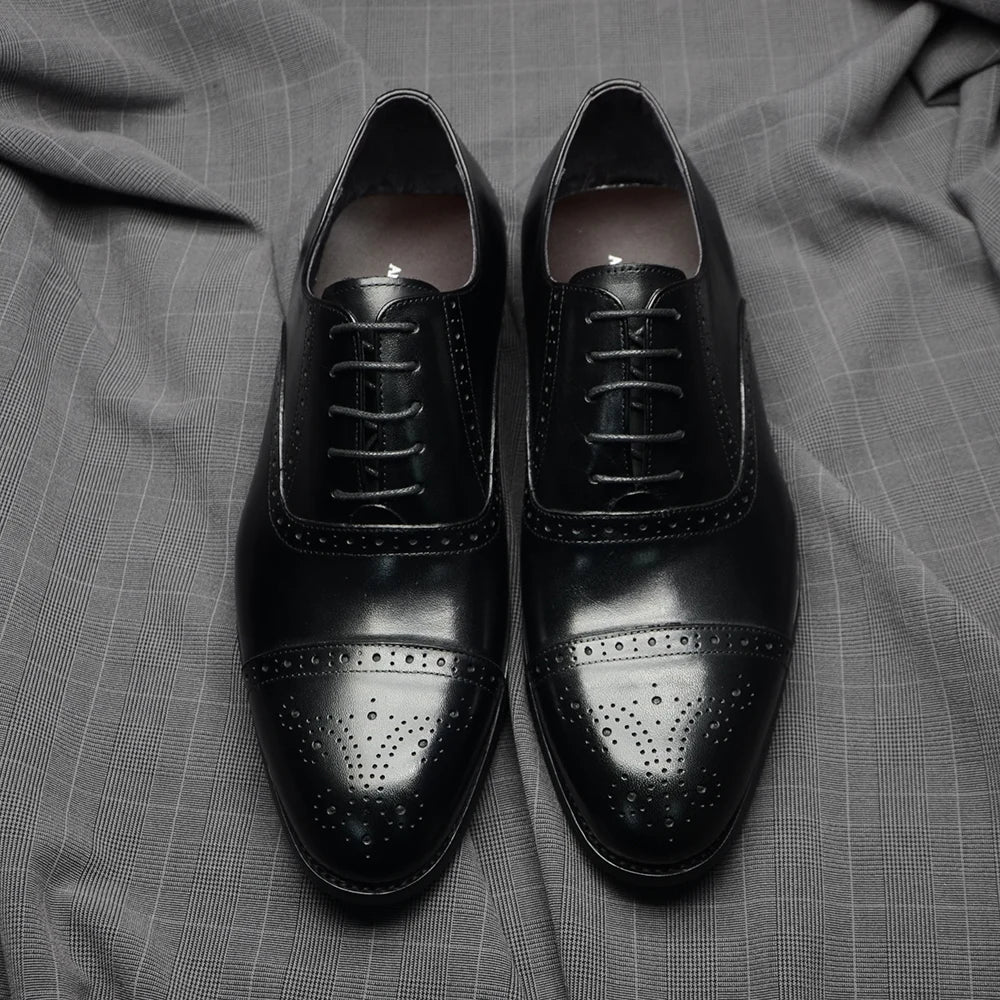 Italian Mens Dress Shoes Genuine Leather Cap Toe Oxfords Lace-up Black Brown Wedding Business Office Brogue Formal Shoes for Men