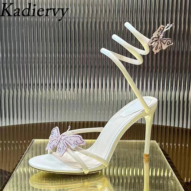 Summer High Heels Sandals Woman Butterfly-knot Rhinestone Snake Twine Around Ankle Strap Wedding Shoes Thin Heels Sandals Women