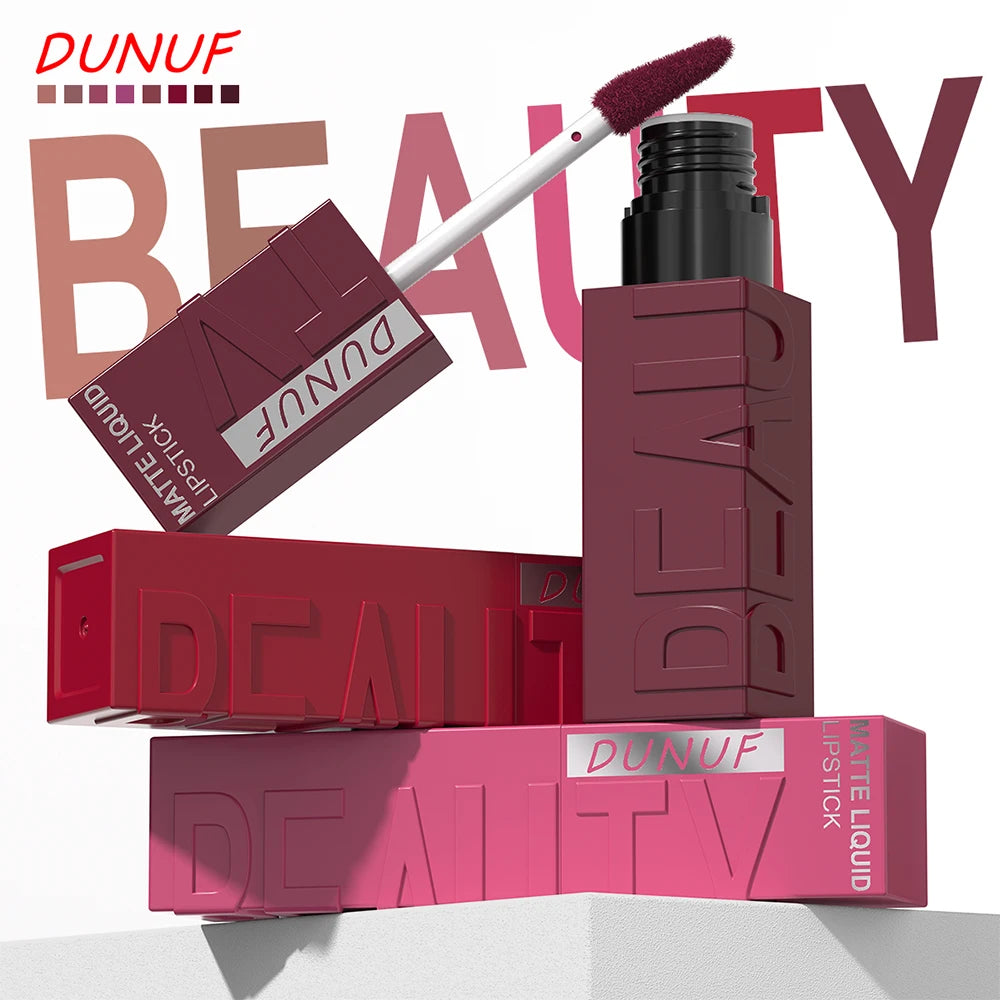 DUNUF  8-color matte velvet smooth easy-to-apply square tube lip gloss waterproof three-dimensional plumping lipstick
