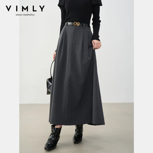 VIMLY Midi Women Skirt 2025 Autumn Office Lady Gray A-line Bud Elegant Ladies Skirt Zipper Loose Pockets Female Skirts A2202