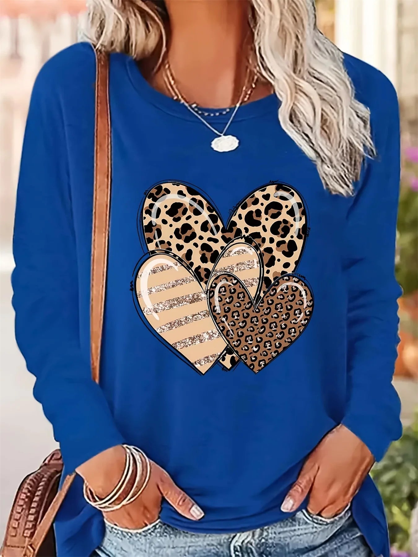 Women's Spring and Autumn 100% pure cotton fashionable casual loose heart-shaped pattern printed round neck long sleeved T-shirt