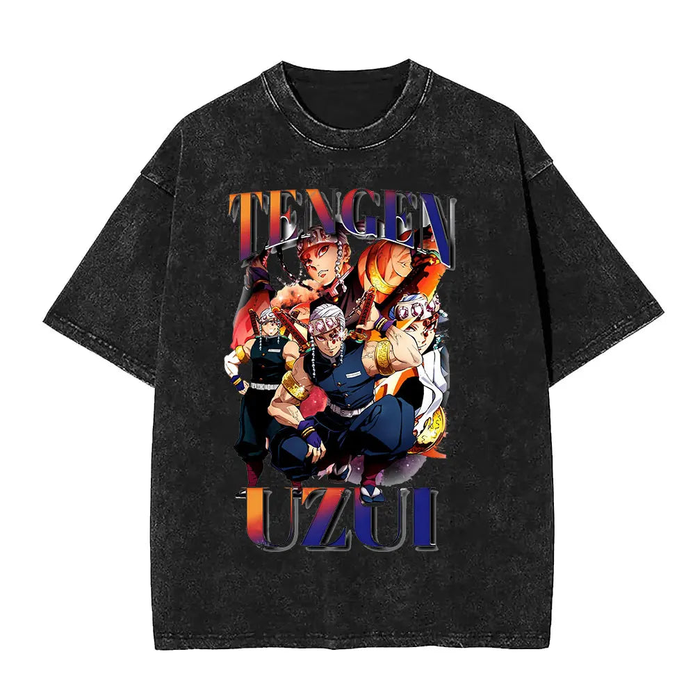 Demon Slayer Tengen Uzui Ninju Mice GYM Washed T Shirts Kimetsu No Yaiba Tee Shirt Cotton T-Shirt Unisex Casual Oversized Tops