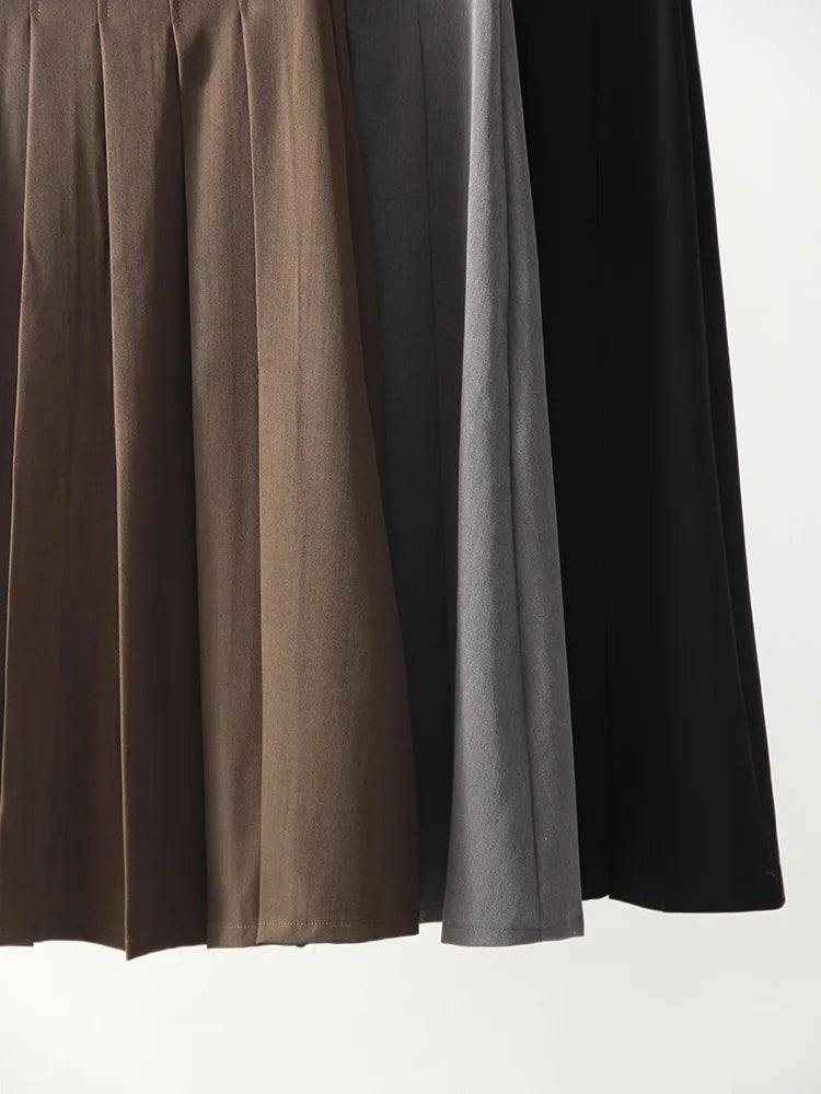 Gray Midi Pleated Skirts For Women Autumn 2024 High Waist A Line Maxi Zipper Skirts For Office Lady Long Skirt Woman Black